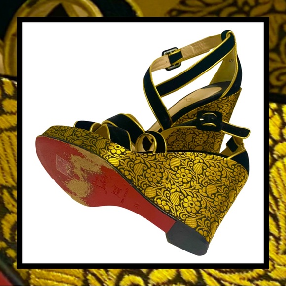 CHRISTIAN LOUBOUTIN Paris Black Velvet Gold Brocade Wedge Platform Shoe SZ 39 - Picture 7 of 10